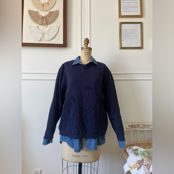 Sweaters - Navy Blue Sweater with Embroidered flowers